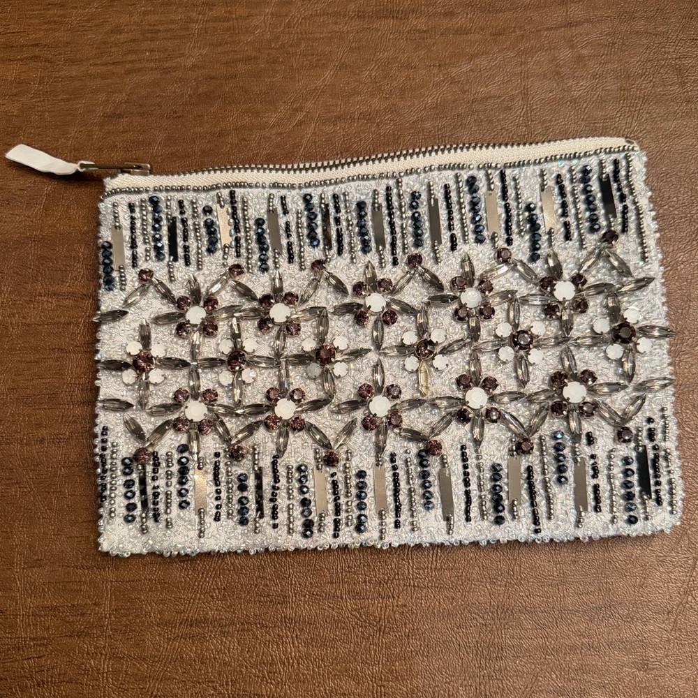 Anthropology Silver Beaded Zipper Top Clutch Bag NWOT